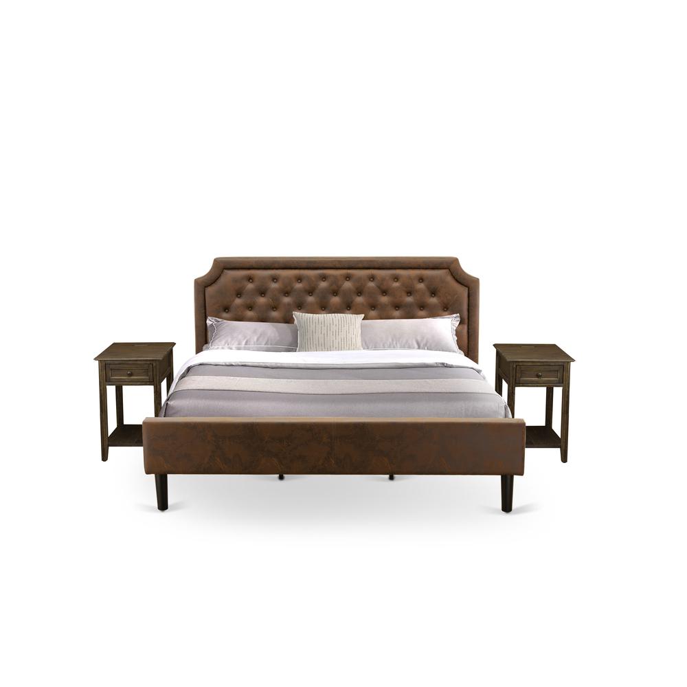 GB25K-2DE07 3-Pc Wooden Set for Bedroom with Bed and 2 Distressed Jacobean Night Stands - Dark Brown Faux Leather and Black Legs. Picture 1