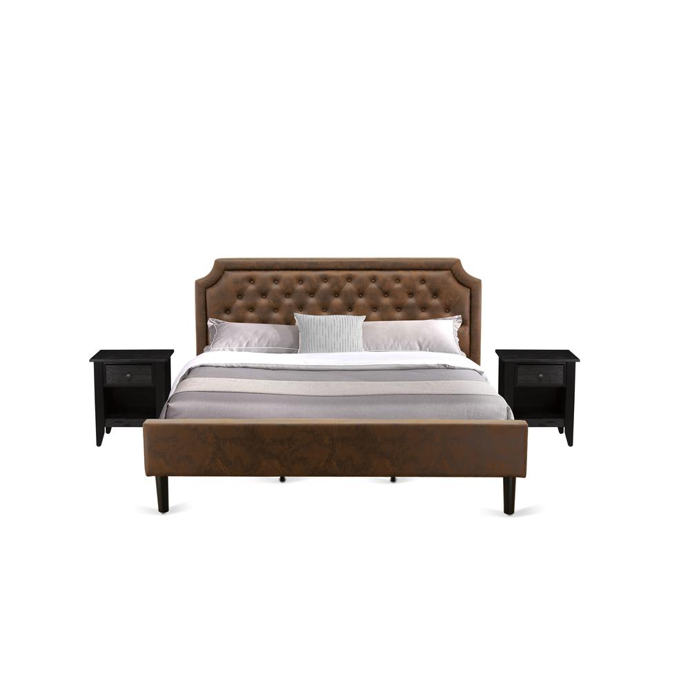 GB25K-2GA06 3-Pc Bedroom set with Bed and 2 Wire Brushed Black End Tables for bedroom - Dark Brown Faux Leather and Black Legs. Picture 1