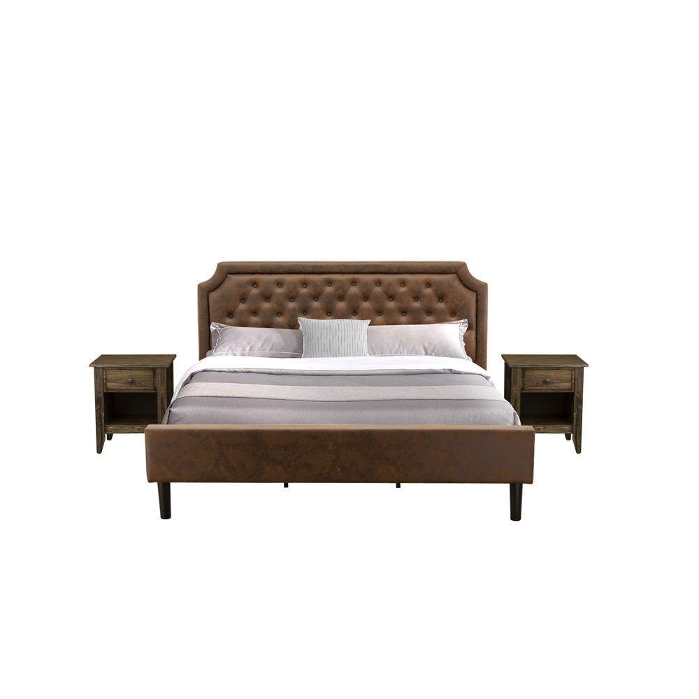 GB25K-2GA07 3-Pc Platform Bedroom set with King Bed and 2 Distressed Jacobean End Tables - Dark Brown Faux Leather and Black Legs. Picture 1