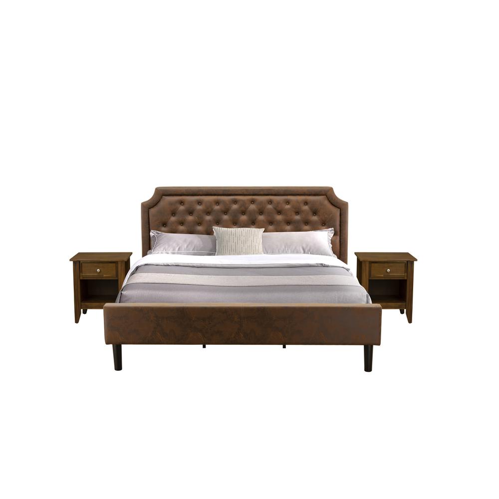 GB25K-2GA08 3-Pc Bedroom Set with a King Bed and 2 Antique Walnut Mid Century Nightstands - Dark Brown Faux Leather and Black Legs. Picture 1