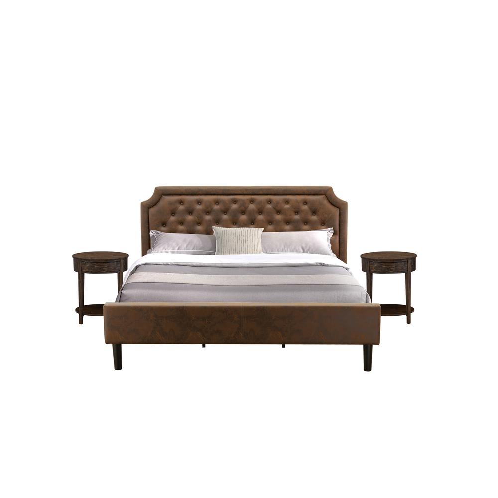 GB25K-2HI07 3-Piece Bedroom Set with King Bed and 2 Distressed Jacobean Small End Tables - Dark Brown Faux Leather and Black Legs. Picture 1