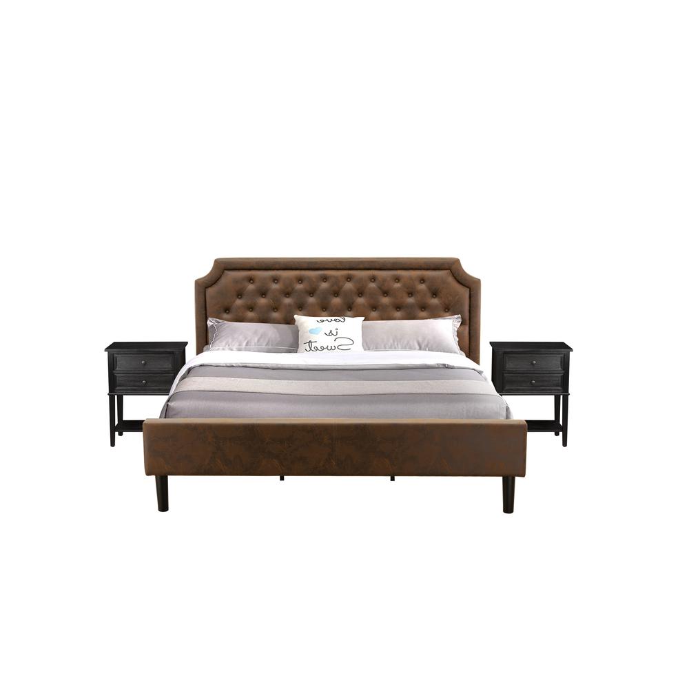 GB25K-2VL06 3-Pc Granbury Bedroom Set with Frame and 2 Wire Brushed Black Night Stands - Dark Brown Faux Leather and Black Legs. Picture 1