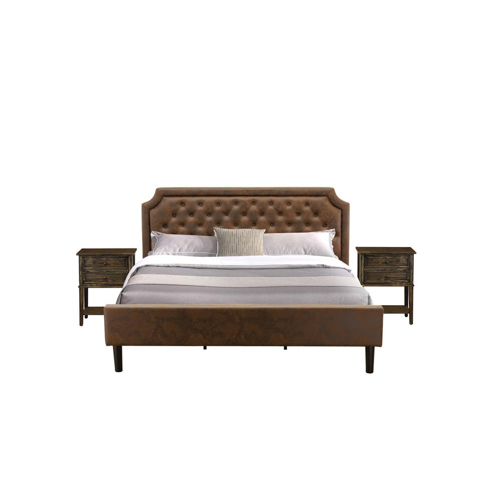 GB25K-2VL07 3-Pc King Bedroom set with Bed and 2 Distressed Jacobean Bedroom Nightstand - Dark Brown Faux Leather and Black Legs. Picture 1