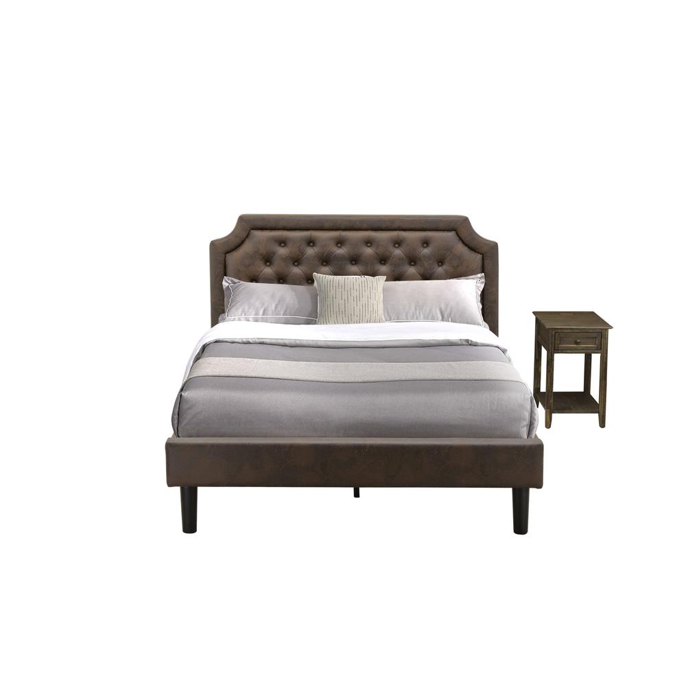 GB25Q-1DE07 2-Piece Platform Queen Bed Set with Bed and 1 Distressed Jacobean Nightstand - Dark Brown Faux Leather and Black Legs. Picture 1