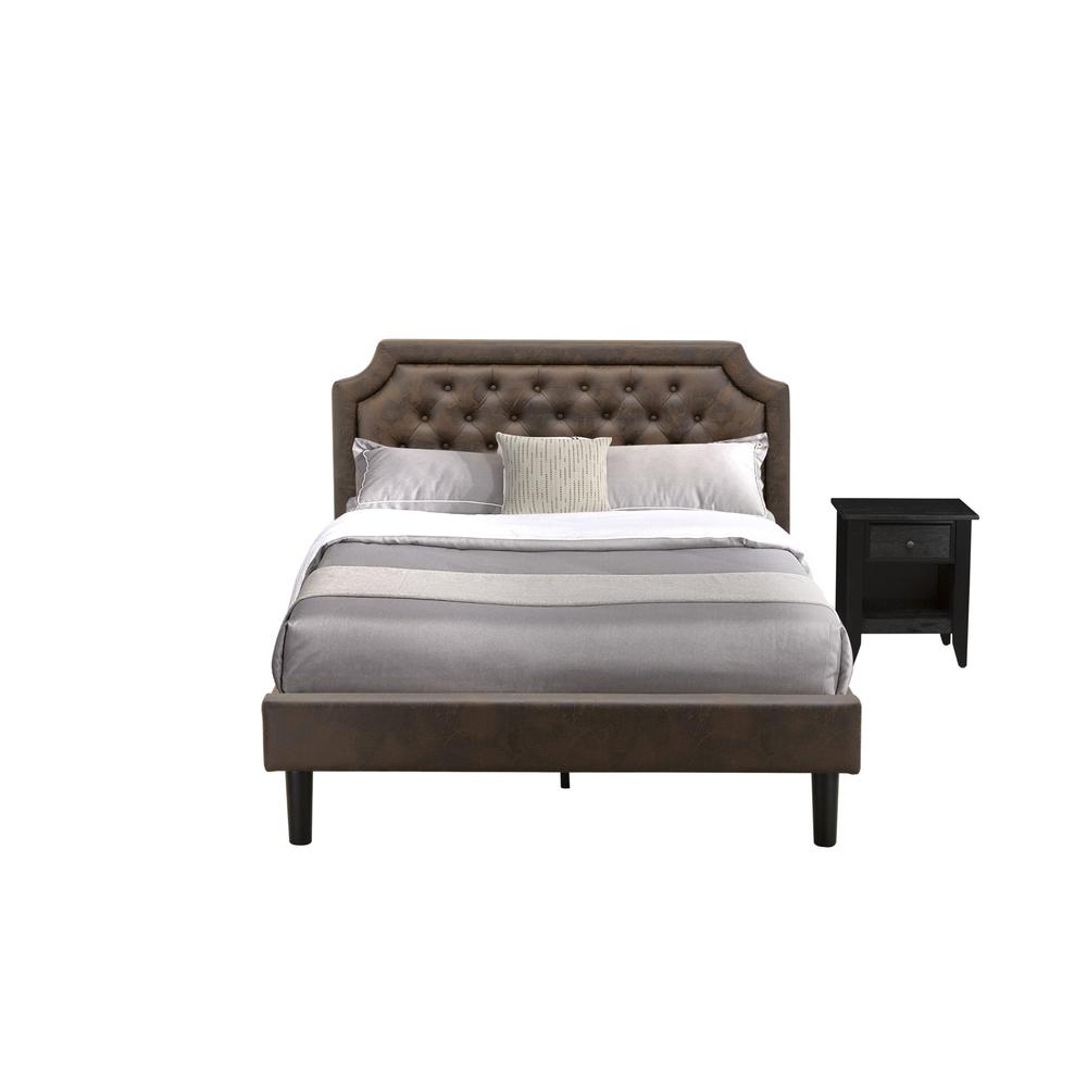 GB25Q-1GA06 2-Pc Wooden Set for Bedroom with Bed Frame and Wire brushed Black Nightstand - Dark Brown Faux Leather and Black Legs. Picture 1