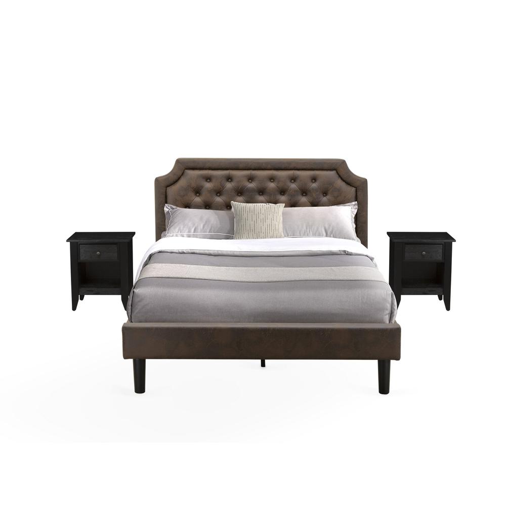 GB25Q-2GA06 3-Pc Bedroom Set with Queen Bed and 2 Wire Brushed Black Bedroom Nightstand - Dark Brown Faux Leather and Black Legs. Picture 1