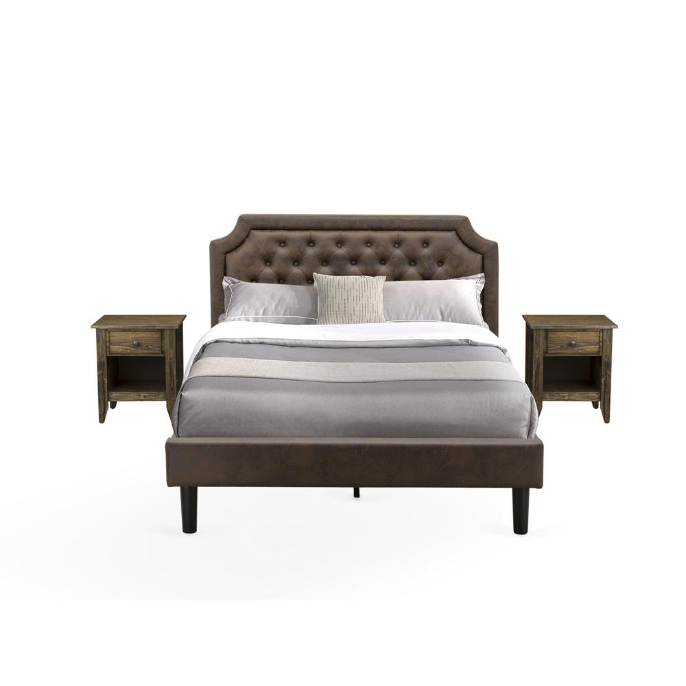 GB25Q-2GA07 3-Pc Queen Bed Set with a Platform Bed and 2 Distressed Jacobean Nightstands - Dark Brown Faux Leather and Black Legs. Picture 1