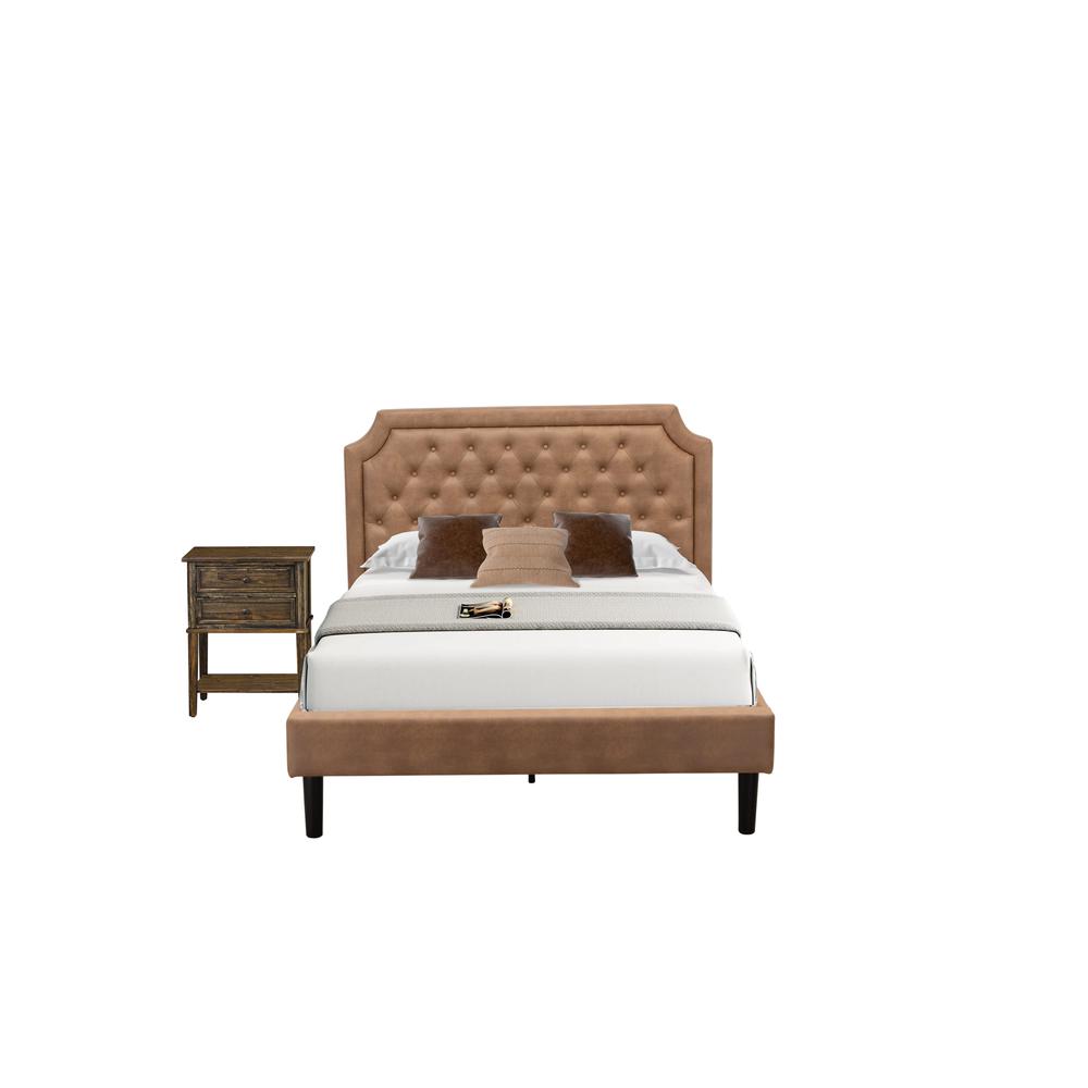 GB28F-1VL07 2-Piece Platform Bedroom set with Full Bed and Distressed Jacobean Night Stand - Brown Faux Leather and Black Legs. Picture 1