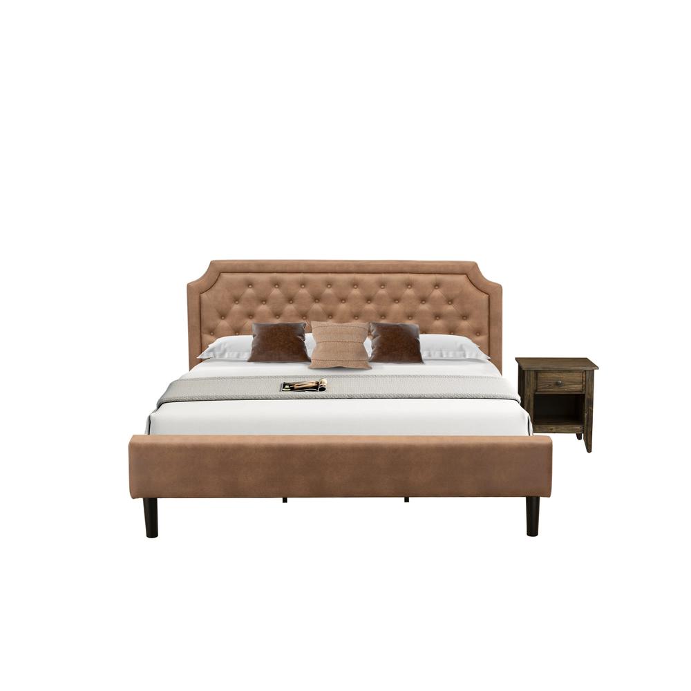 GB28K-1GA07 2-Piece Platform Bedroom Set with a King Frame and 1 Distressed Jacobean End Table - Brown Faux Leather and Black Legs. Picture 1