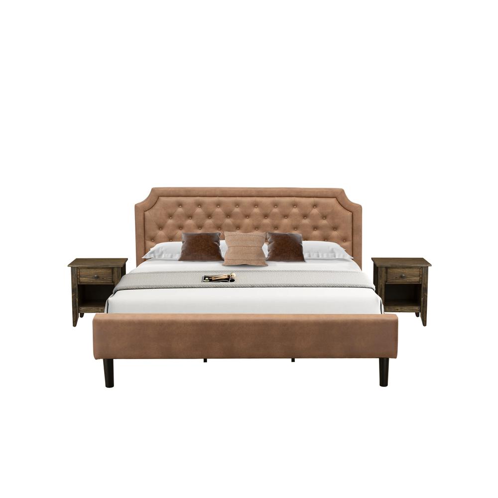 GB28K-2GA07 3-Piece Platform Bed Set with a Modern Bed and 2 Distressed Jacobean End Tables - Brown Faux Leather and Black Legs. Picture 1