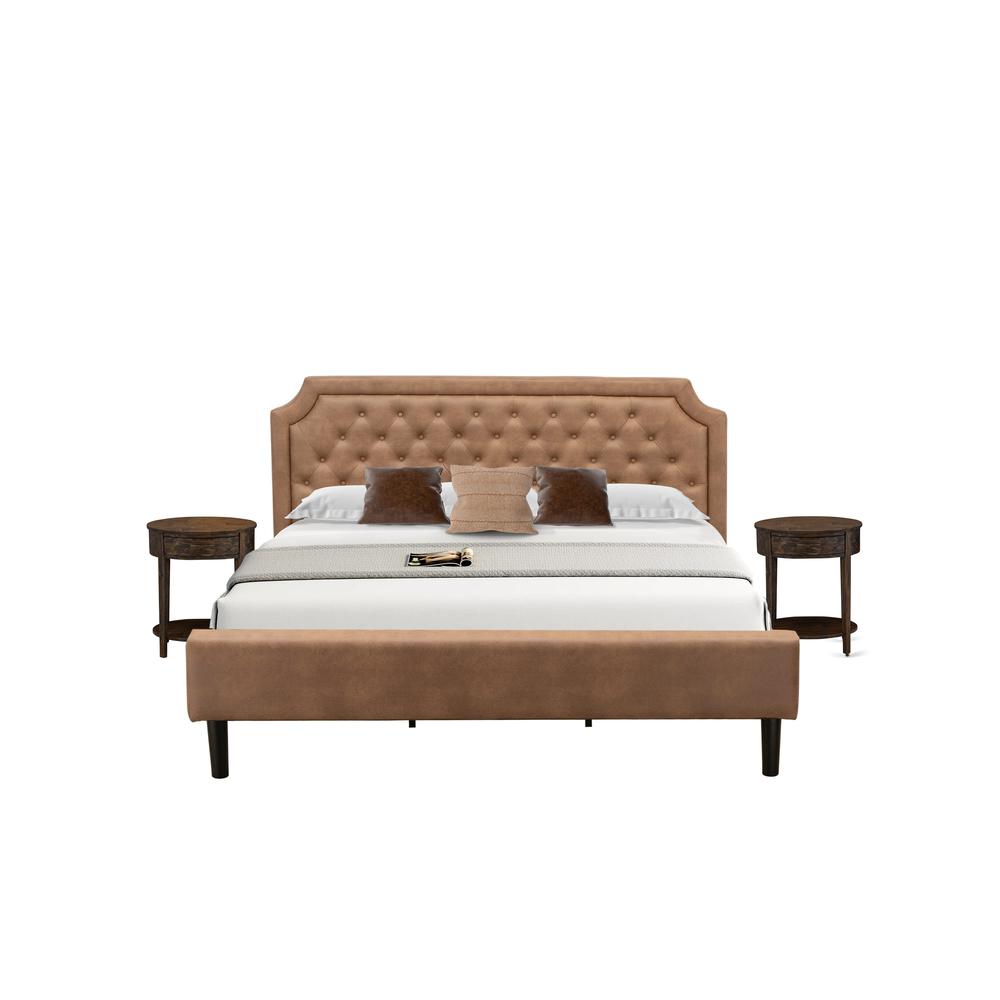GB28K-2HI07 3-Pc Granbury Bed Set with a King Bed and 2 Distressed Jacobean Small Nightstands - Brown Faux Leather and Black Legs. Picture 1