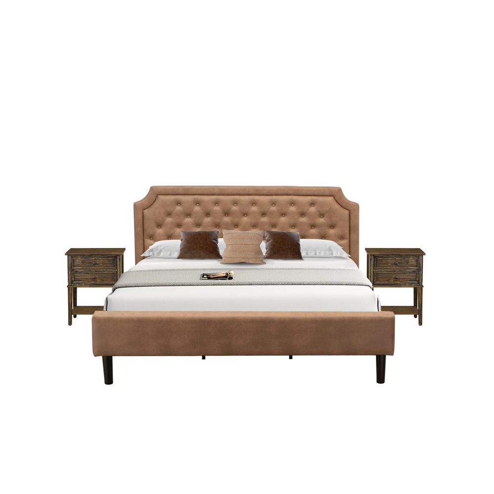 GB28K-2VL07 3-Pc Granbury Bed Set with a King Bedframe and 2 Distressed Jacobean Night Stand - Brown Faux Leather and Black Legs. Picture 1