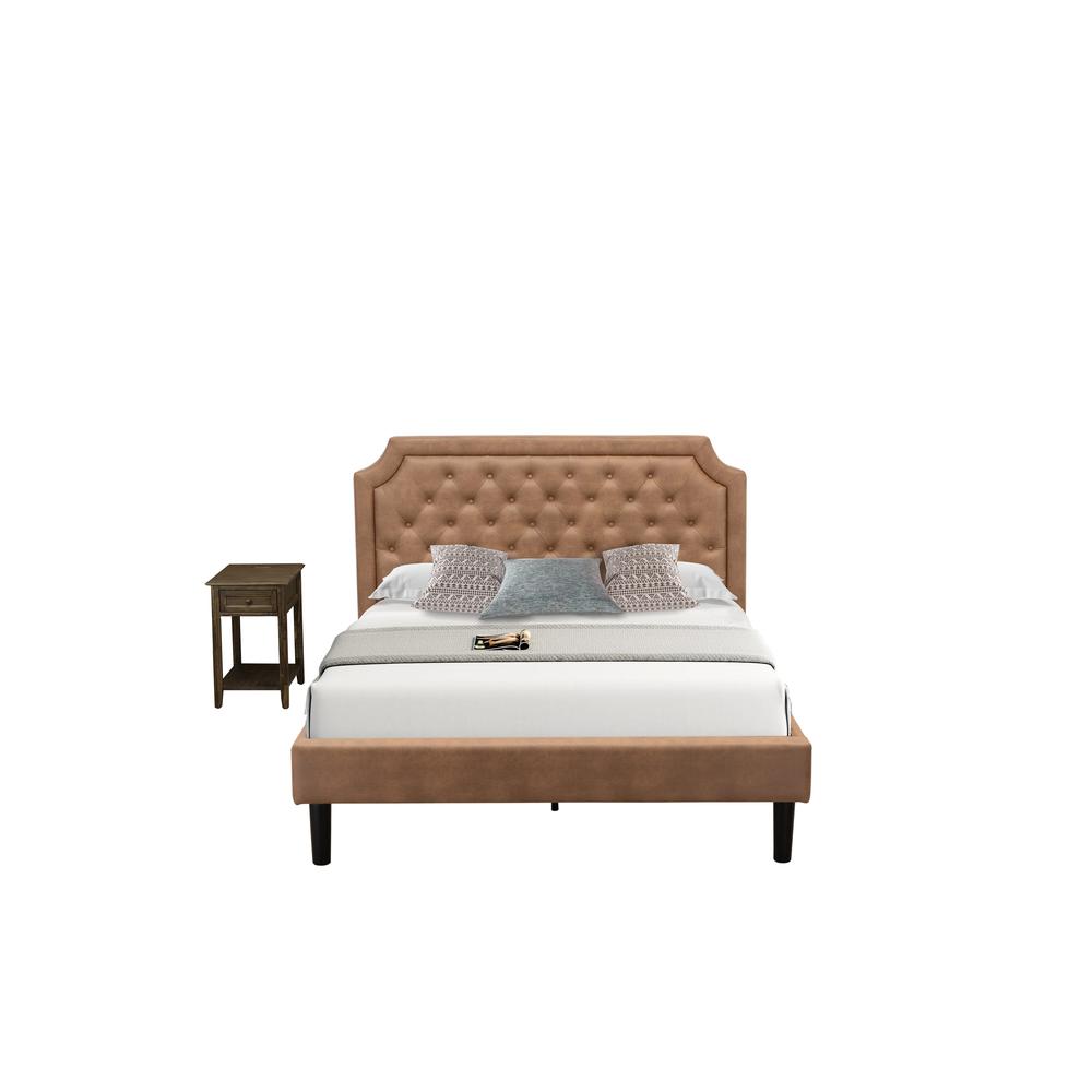 GB28Q-1DE07 2-Piece Platform Bed Set with a Platform Bed and 1 Distressed Jacobean End Tables - Brown Faux Leather and Black Legs. Picture 1