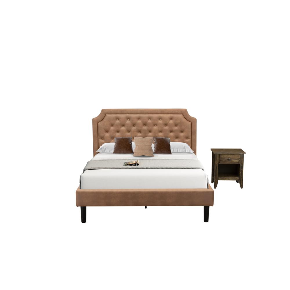 GB28Q-1GA07 2-Pc Granbury Queen Bed Set with Bed and 1 Distressed Jacobean Bedroom Nightstand - Brown Faux Leather and Black Legs. Picture 1
