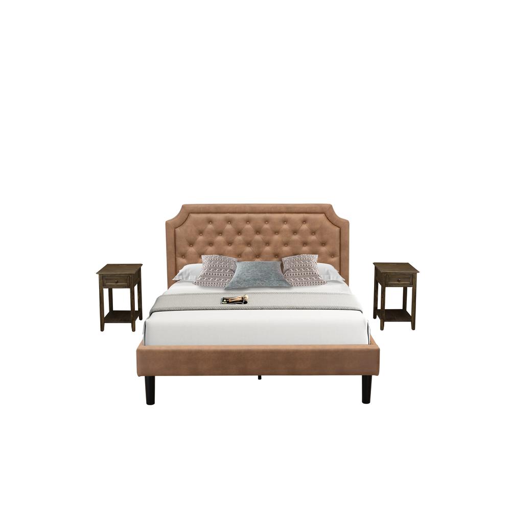 GB28Q-2DE07 3-Piece Bedroom Set with Queen Frame and 2 Distressed Jacobean Bedroom Nightstands - Brown Faux Leather and Black Legs. Picture 1
