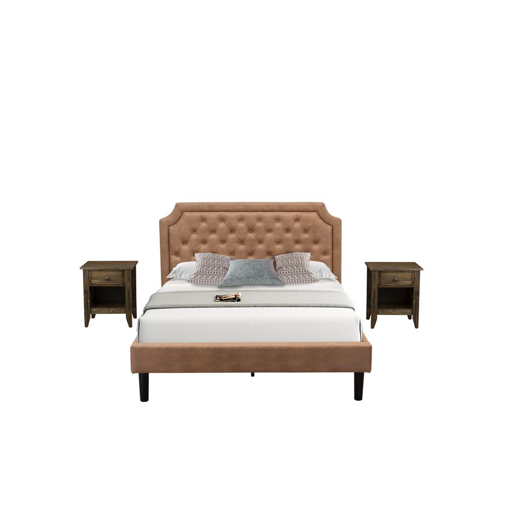 GB28Q-2GA07 3-Piece Bedroom Set with a Queen Size Bed and 2 Distressed Jacobean End Tables - Brown Faux Leather and Black Legs. Picture 1