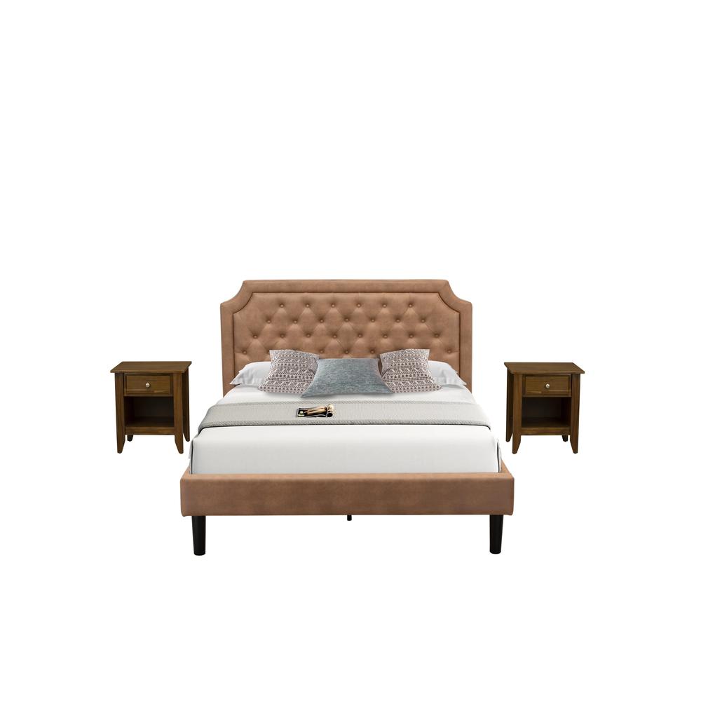 GB28Q-2GA08 3-Pc Bedroom Set with an Upholstered Bed and 2 Antique Walnut Small Nightstands - Brown Faux Leather and Black Legs. Picture 1