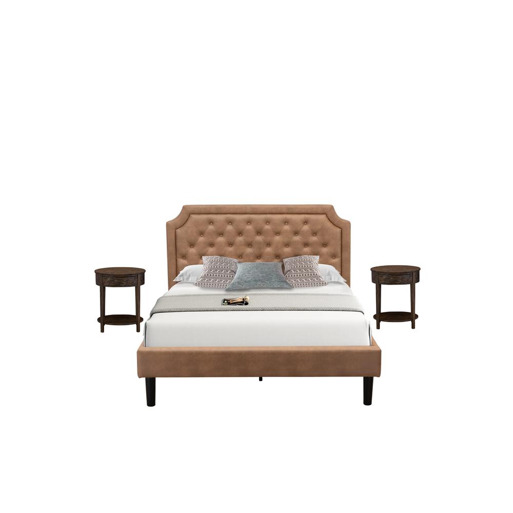 GB28Q-2HI07 3-Piece Wooden Set for Bedroom with Bedframe and 2 Distressed Jacobean End Tables - Brown Faux Leather and Black Legs. Picture 1