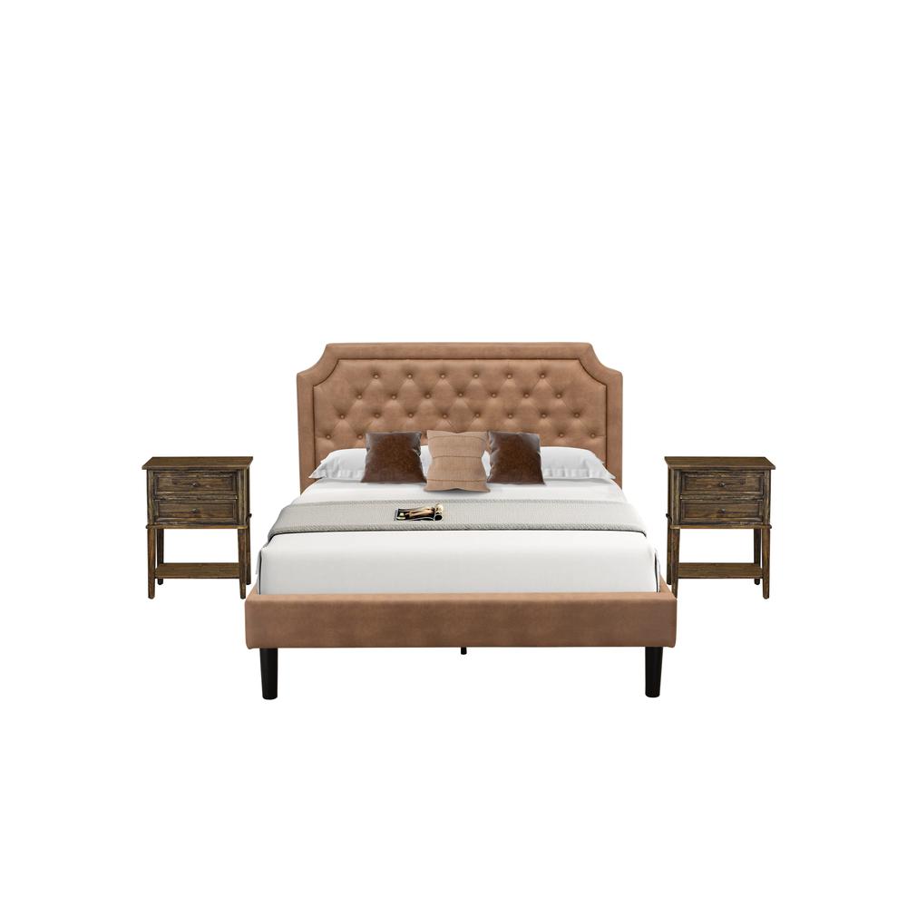 GB28Q-2VL07 3-Piece Bed Set with Frame and 2 Distressed Jacobean Modern Night Stands - Brown Faux Leather and Black Legs. Picture 1