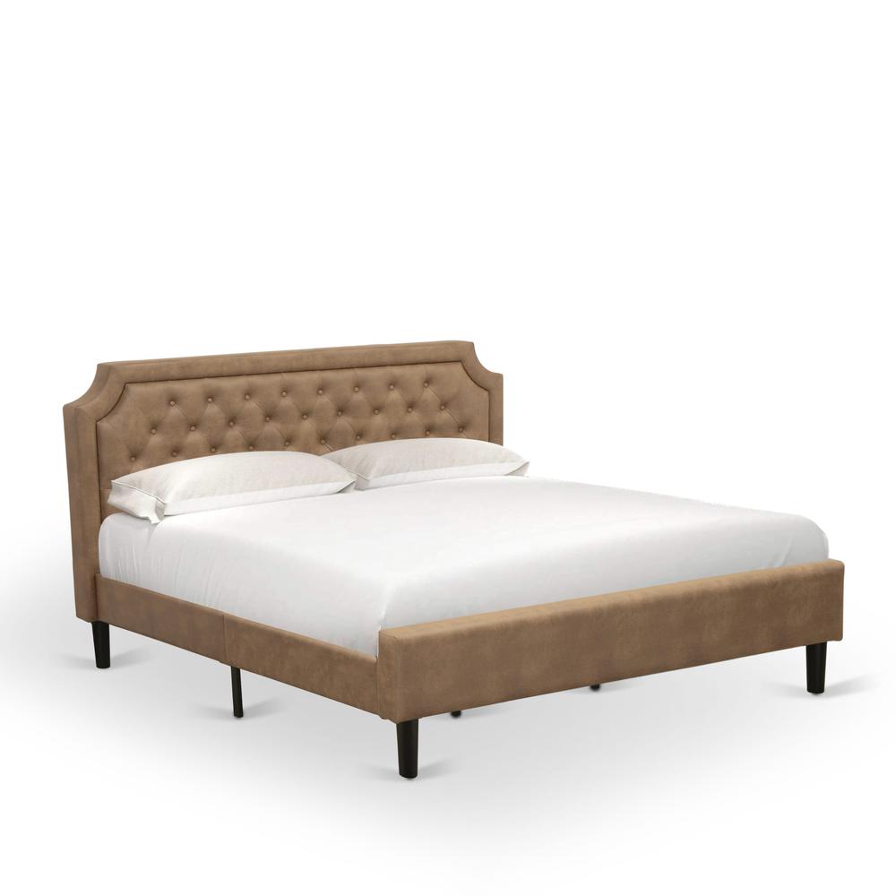 GBF-28-K King Bed Contains Brown Textured Upholstered Headboard, Footboard and Wood Rails, Slats - Wooden 9 Legs - Black Finish. Picture 1
