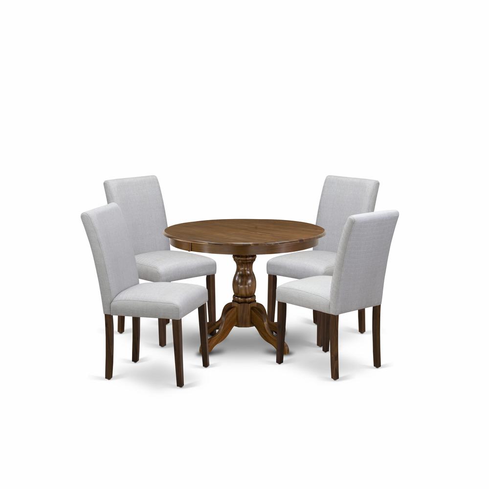 HBAB5-AWA-05 5 Pc Kitchen Table Set - Round Dining Table with 4 Grey Upholstered Chairs - Acacia Walnut Finish. Picture 1