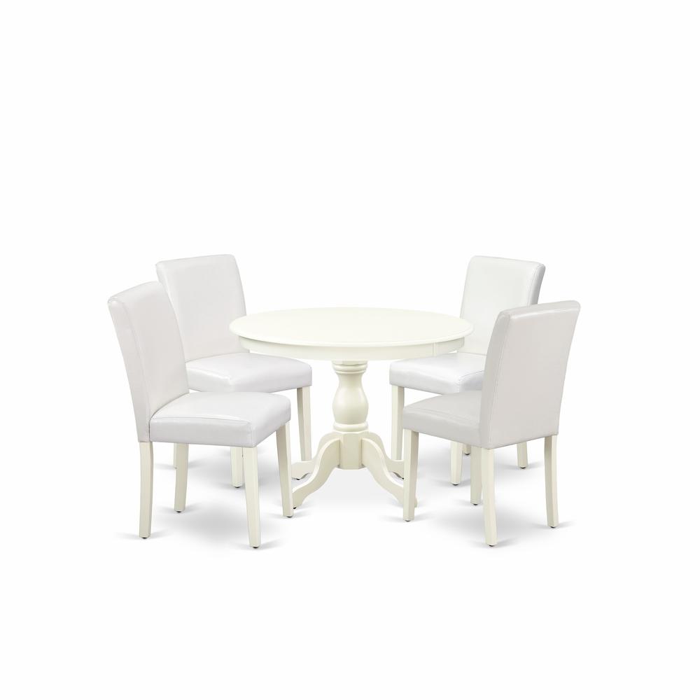 East West Furniture HBAB5-LWH-64 5 Piece Dining Table Set - Linen White Small Dining Table and 4 White Faux Leather Mid Century Modern Dining Chairs with High Back - Linen White Finish. Picture 1