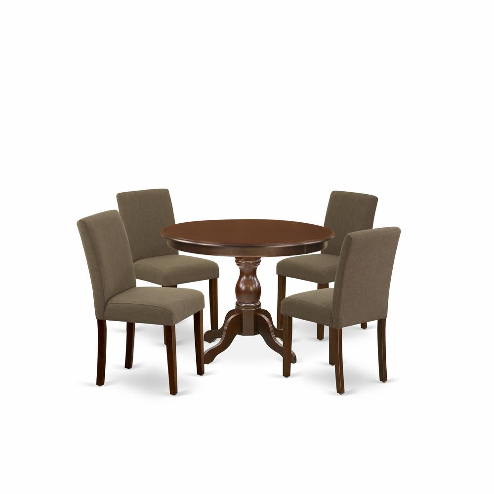 East West Furniture HBAB5-MAH-18 5 Piece Dining Table Set - Mahogany Breakfast Table and 4 Coffee Linen Fabric Mid Century Modern Chairs with High Back - Mahogany Finish. Picture 1