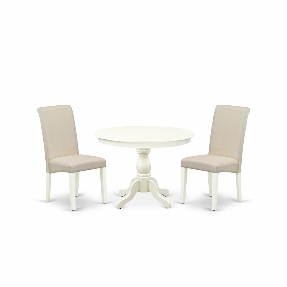 East West Furniture HBBA3-LWH-01 3 Piece Dining Room Set - Linen White Dining Table and 2 Cream Linen Fabric Comfortable Chairs with High Back - Linen White Finish. Picture 1