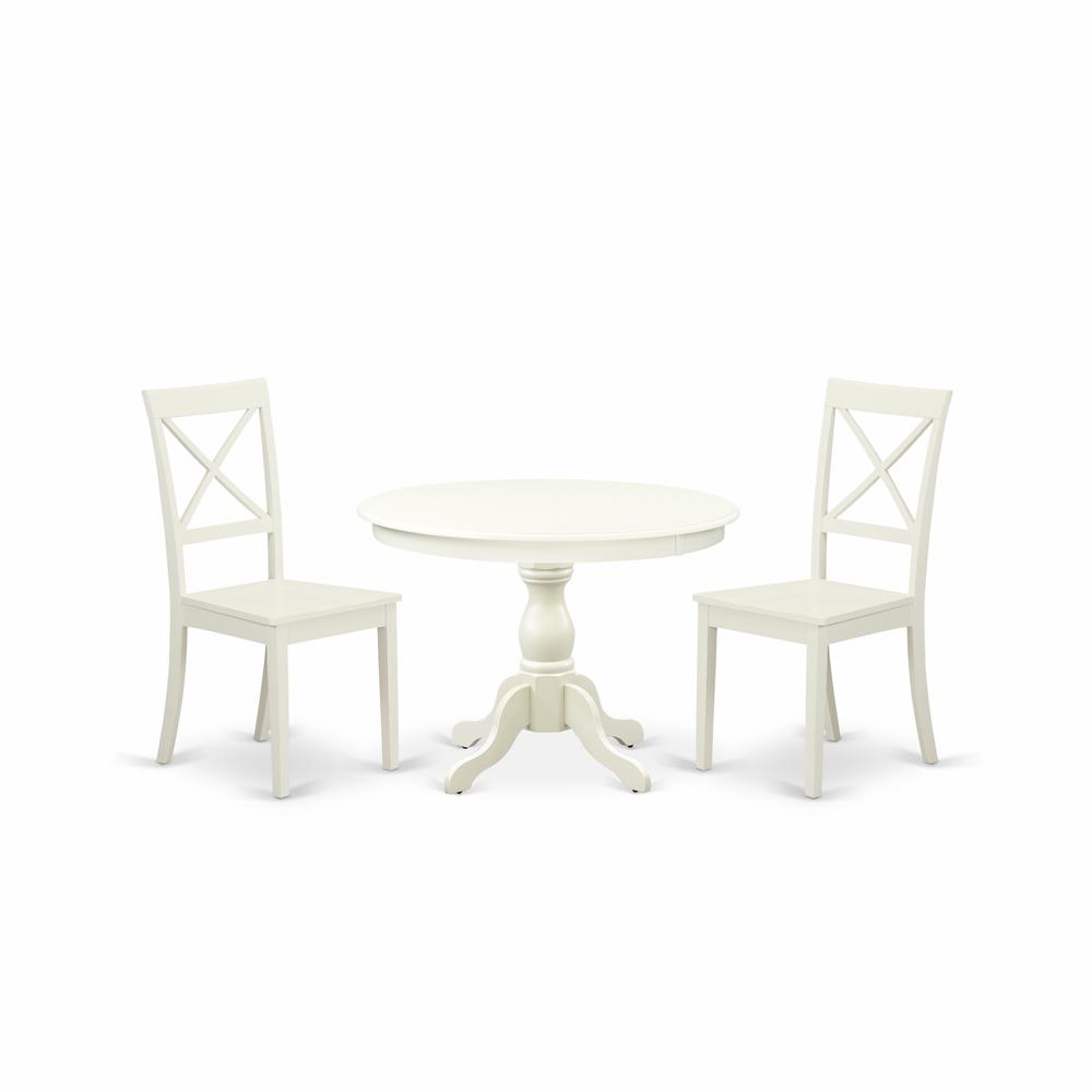 East West Furniture HBBO3-LWH-W 3 Piece Dining Room Set - Linen White Small Kitchen Table and 2 Linen White Kitchen & Dining Room Chairs with X-Back - Linen White Finish. Picture 1
