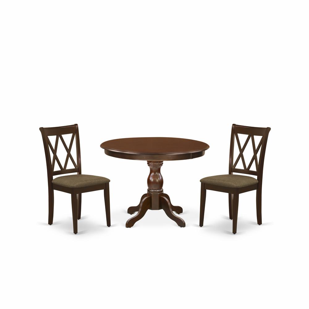East West Furniture HBDA3-MAH-C 3 Piece Modern Dining Table Set - Mahogany Wood Table and 2 Mahogany Linen Fabric Kitchen Chairs with Slatted Back - Mahogany Finish. Picture 1