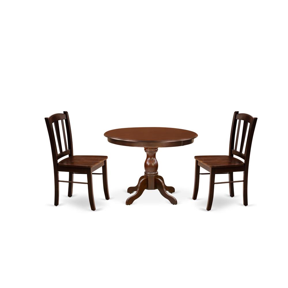 HBDL3-MAH-W - 3-Pc Dining Room Table Set- 2 Kitchen Dining Chairs and Dining Room Table - Wooden Seat and Slatted Chair Back - Mahogany Finish. Picture 1