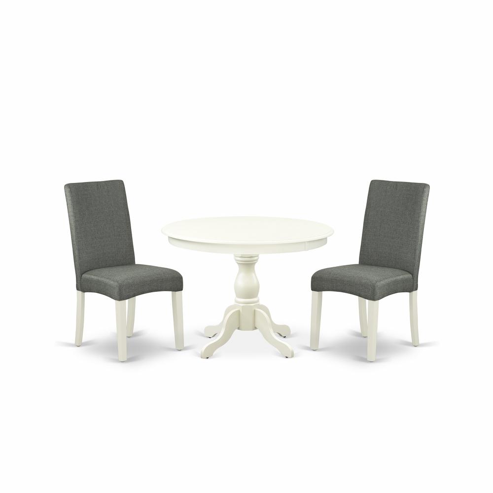 East West Furniture HBDR3-LWH-07 3 Piece Dining Table Set - Linen White Small Kitchen Table and 2 Grey Linen Fabric Chairs for Dining Room with High Back - Linen White Finish. Picture 1