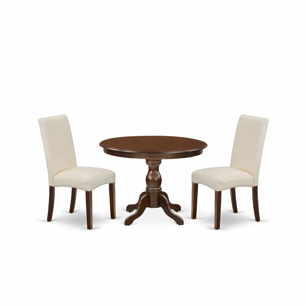 East West Furniture HBDR3-MAH-01 3 Piece Dining Room Table Set - Mahogany Round Dining Table and 2 Cream Linen Fabric Modern Dining Chairs with High Back - Mahogany Finish. Picture 1