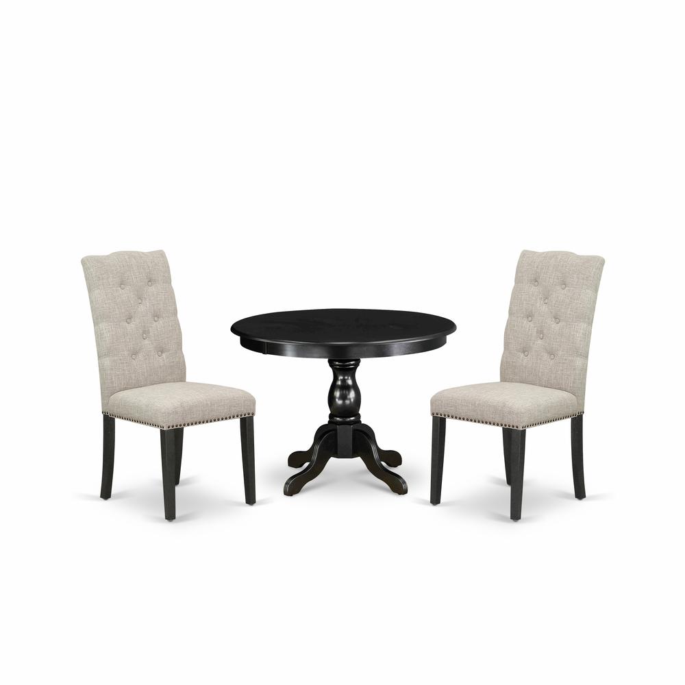 East West Furniture HBEL3-ABK-35 3 Piece Kitchen Table Set - Black Dinner Table and 2 Doeskin Linen Fabric Dining Chairs Button Tufted Back with Nail Heads - Wire Brushed Black Finish. Picture 1