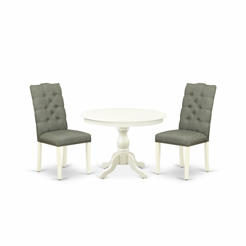 East West Furniture HBEL3-LWH-07 3 Piece Dining Room Set - Linen White Wood Dining Table and 2 Smoke Linen Fabric Mid Century Modern Chairs Button Tufted Back with Nail Heads - Linen White Finish. Picture 1