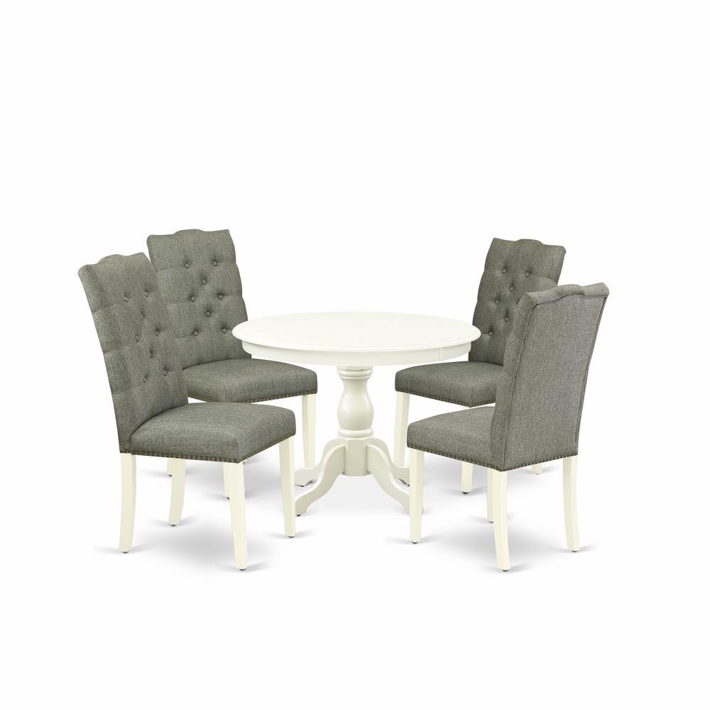 East West Furniture HBEL5-LWH-07 5 Piece Dinette Set - Linen White Dining Table and 4 Smoke Linen Fabric Dining Chairs Button Tufted Back with Nail Heads - Linen White Finish. Picture 1