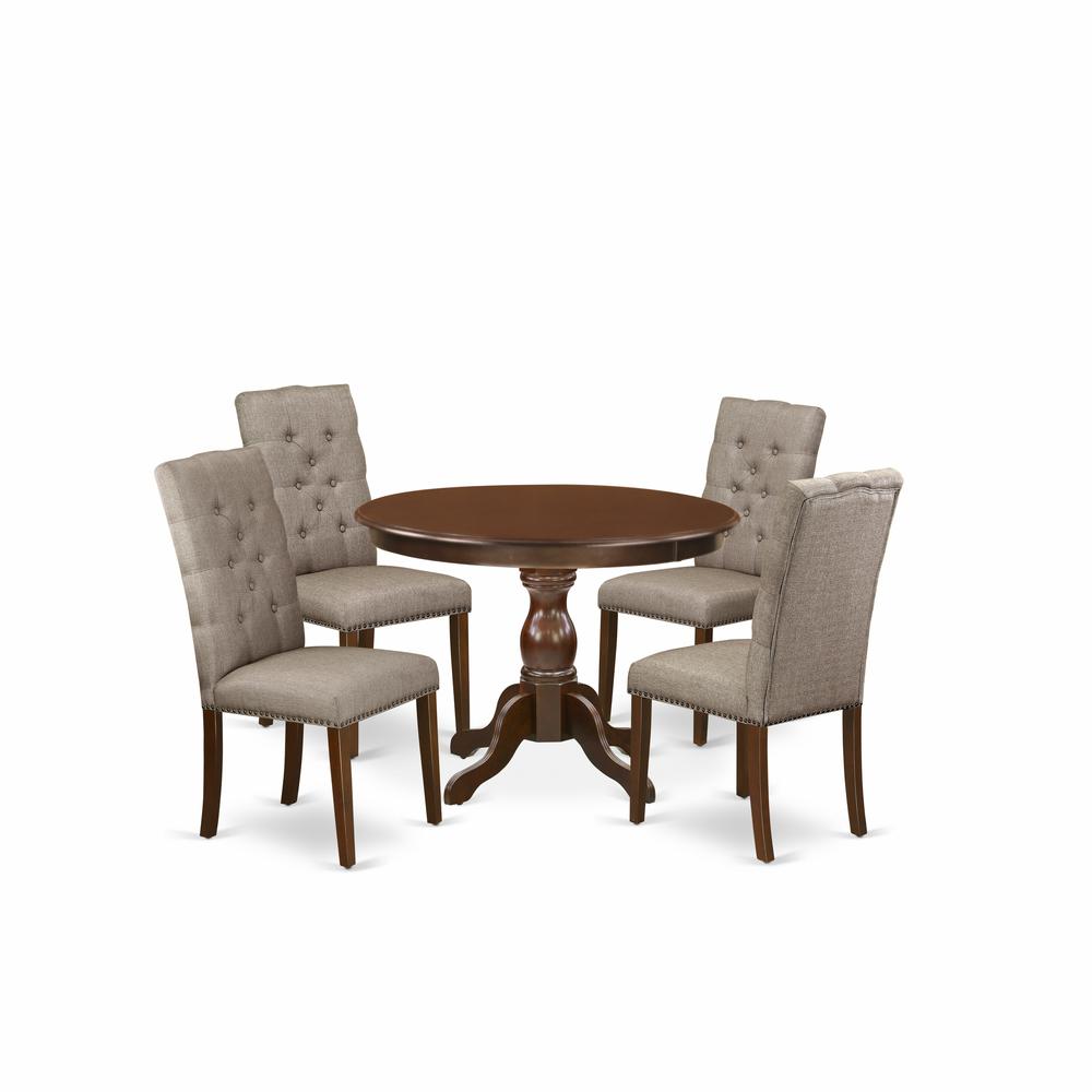 East West Furniture HBEL5-MAH-16 5 Piece Dining Table Set - Mahogany Breakfast Table and 4 Dark Khaki Linen Fabric Mid Century Modern Chairs Button Tufted back with Nail Heads - Mahogany Finish. Picture 1