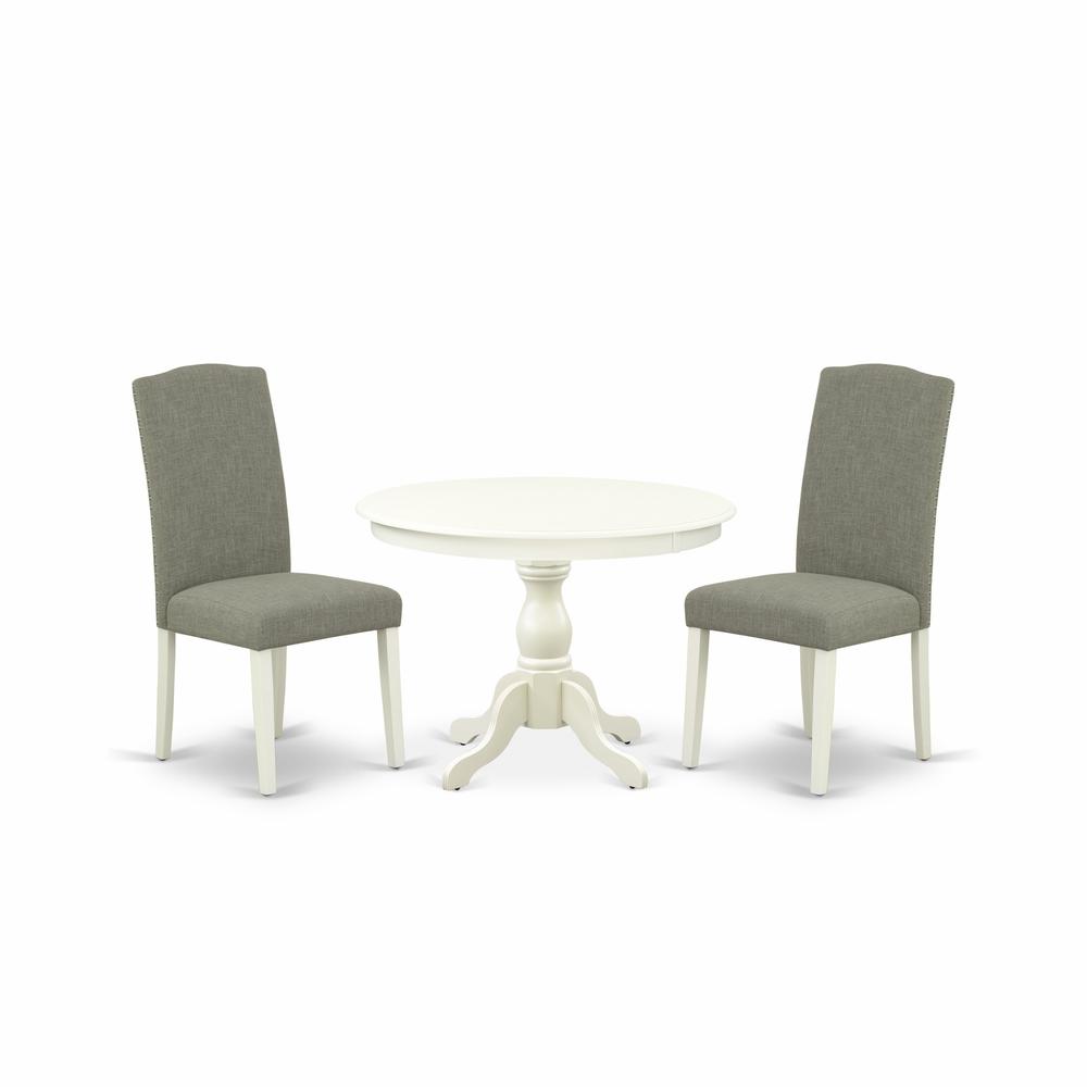 East West Furniture HBEN3-LWH-06 3 Piece Dining Room Table Set - Linen White Wood Dining Table and 2 Dark Shitake Linen Fabric Mid Century Modern Chairs with High Back - Linen White Finish. Picture 1