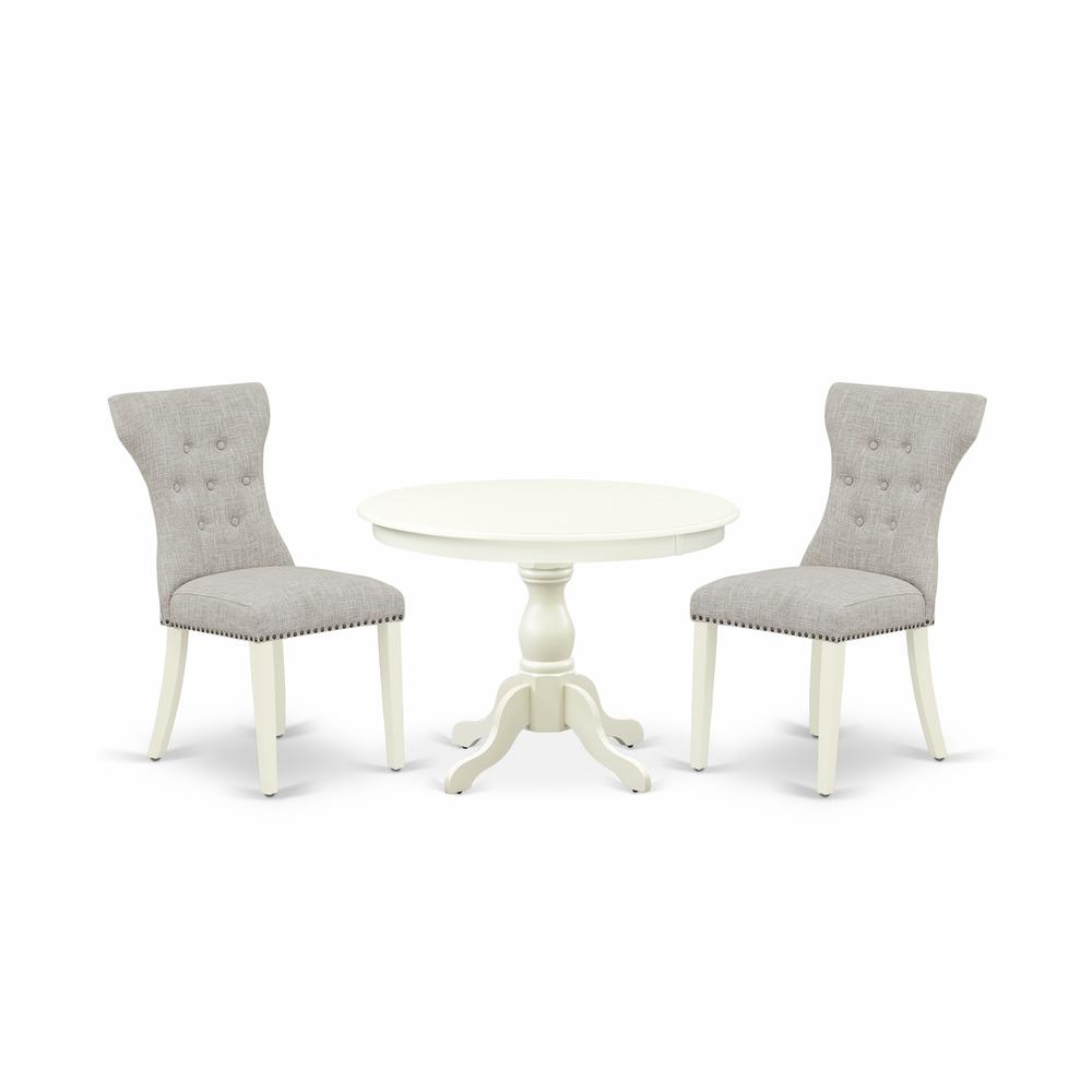 East West Furniture HBGA3-LWH-35 3 Piece Table Set - Linen White dinner Table and 2 Doeskin Linen Fabric Kitchen Chairs Button Tufted Back with Nail Heads - Linen White Finish. Picture 1
