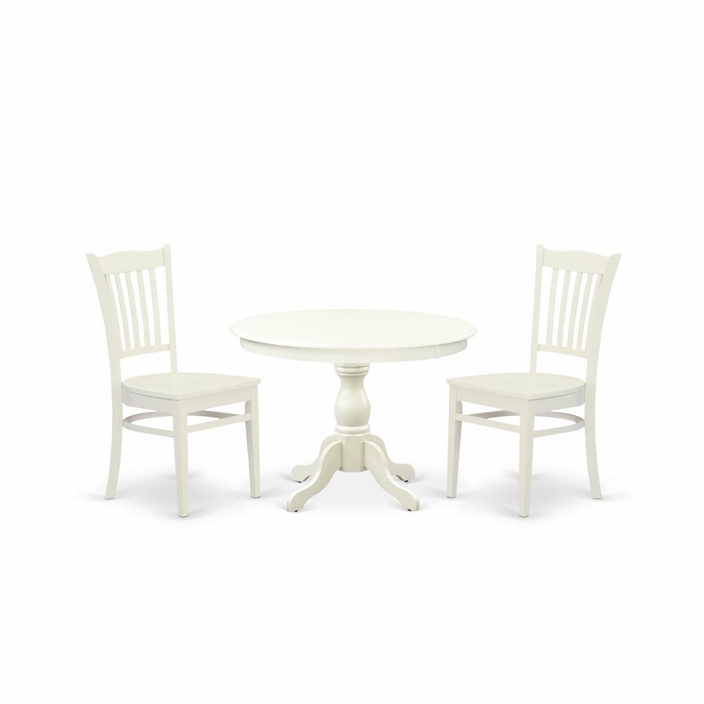 East West Furniture HBGR3-LWH-W 3 Piece Table Set - Linen White Round Dining Table and 2 Linen White Kitchen Chairs with Slatted Back - Linen White Finish. Picture 1