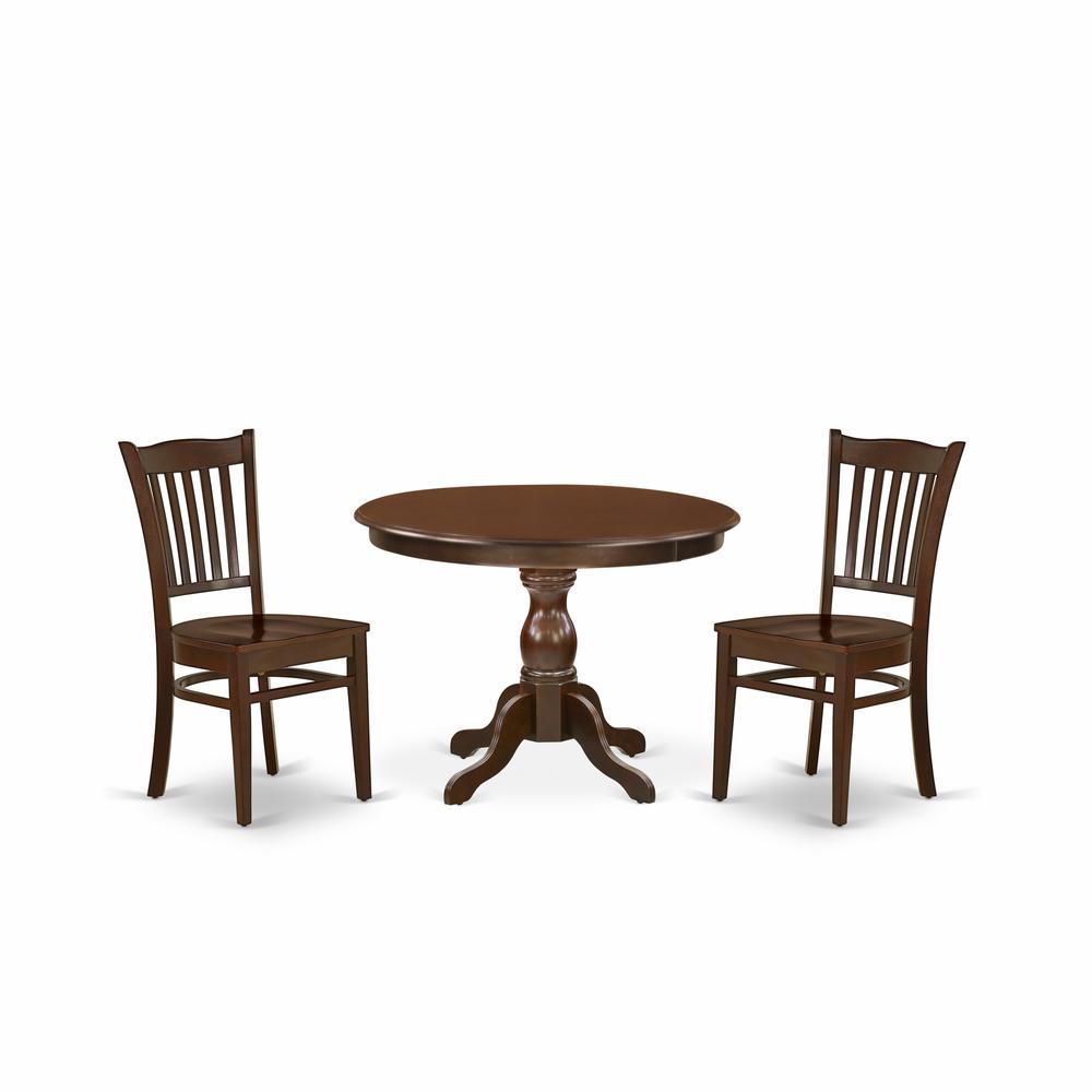 East West Furniture HBGR3-MAH-W 3 Piece Dining Room Set - Mahogany Wood Table and 2 Mahogany Kitchen & Dining Room Chairs with Slatted Back - Mahogany Finish\. Picture 1