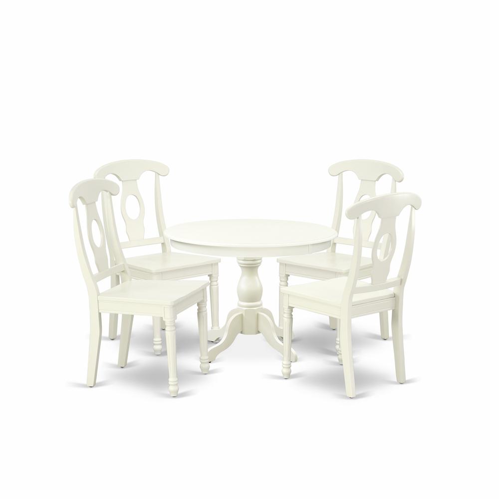 East West Furniture HBKE5-LWH-W 5 Piece Kitchen Set - Linen White Kitchen Table and 4 Linen White Dining Room Chairs with Napoleon Back - Linen White Finish. Picture 1