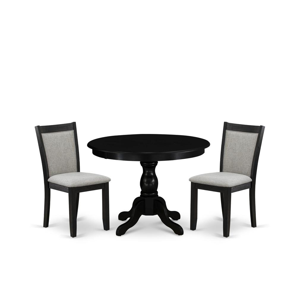 East West Furniture 3-Pc Dining Table Set Contains a Dining Room Table and 2 Shitake Linen Fabric Dining Room Chairs - Wire Brushed Black Finish. Picture 1