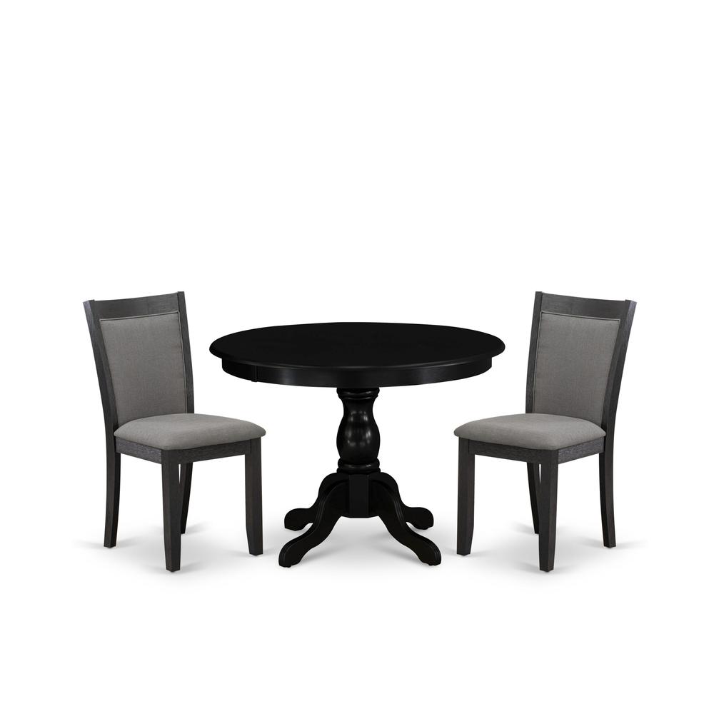 East West Furniture 3-Piece Dining Table Set Contains a Dinner Table with Drop Leaves and 2 Dark Gotham Grey Linen Fabric Parsons Chairs - Wire Brushed Black Finish. Picture 1
