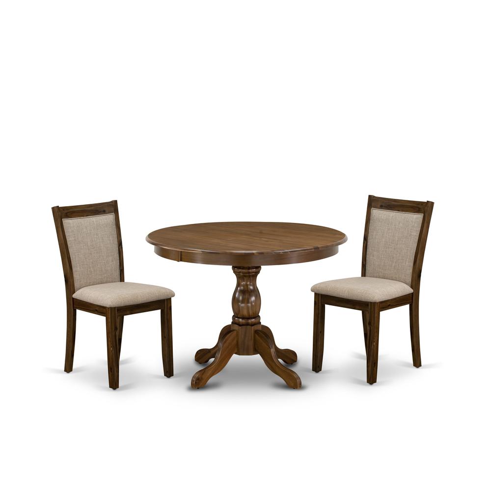 HBMZ3-AWN-04 3-Pc Dining Room Set Contains a Pedestal Table and 2 Light Tan Kitchen Chairs - Sand Blasting Antique Walnut Finish. Picture 1