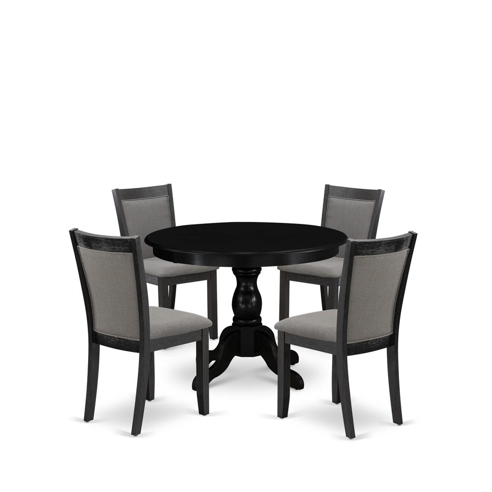 East West Furniture 5-Piece Kitchen Room Table Set Includes a Pedestal Dining Table and 4 Dark Gotham Grey Linen Fabric Upholstered Dining Chairs - Wire Brushed Black Finish. Picture 1