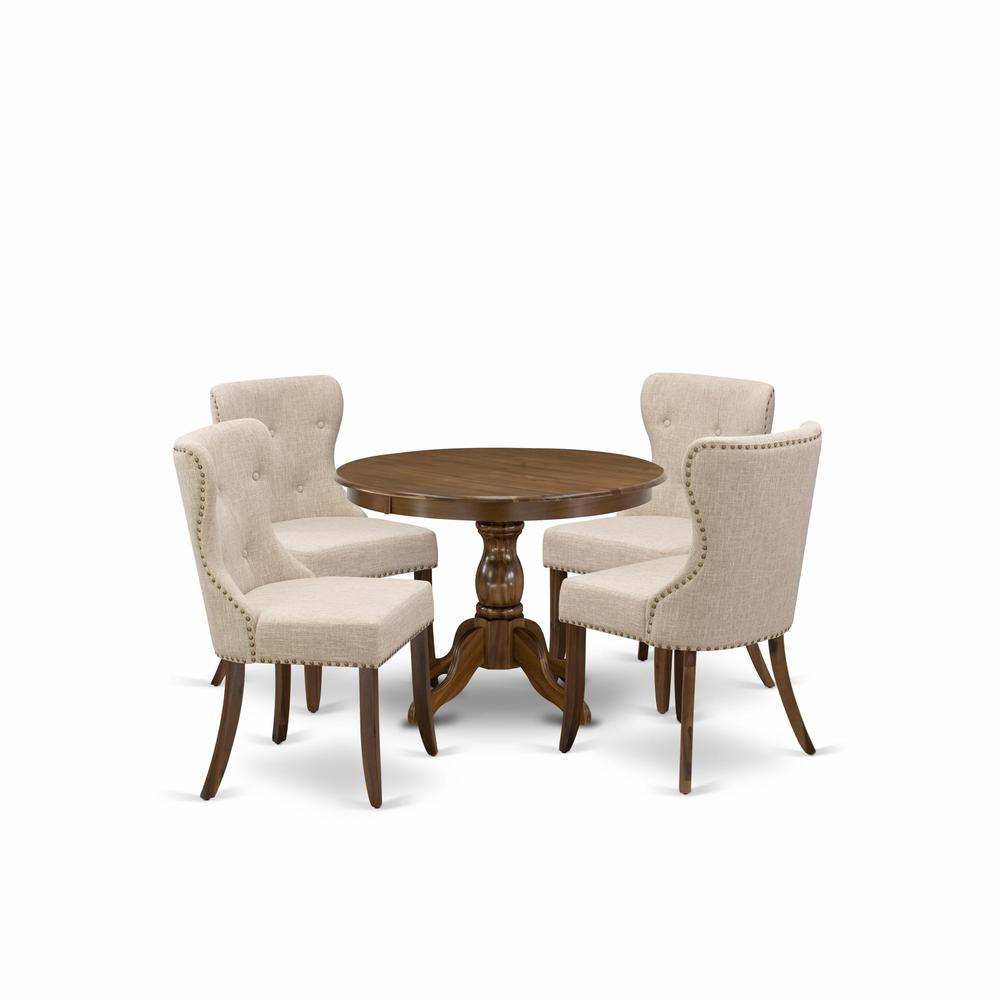 HBSI5-AWA-04 5 Pc Dining Set - Kitchen Table with 4 Light Tan Mid Century Chairs - Acacia Walnut Finish. Picture 1