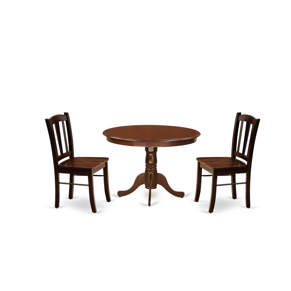 HLDL3-MAH-W - 3-Pc Kitchen Dining Set- 2 Mid Century Dining Chairs and Dining Table - Wooden Seat and Slatted Chair Back - Mahogany Finish. Picture 1
