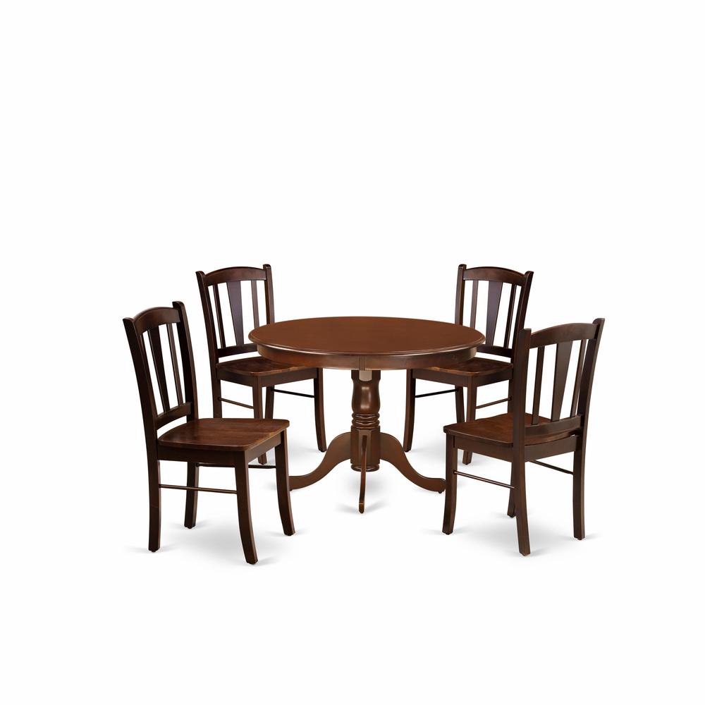 HLDL5-MAH-W - 5-Pc Kitchen Dining Room Set- 4 Kitchen Chair and Modern Kitchen Table - Wooden Seat and Slatted Chair Back - Mahogany Finish. Picture 1