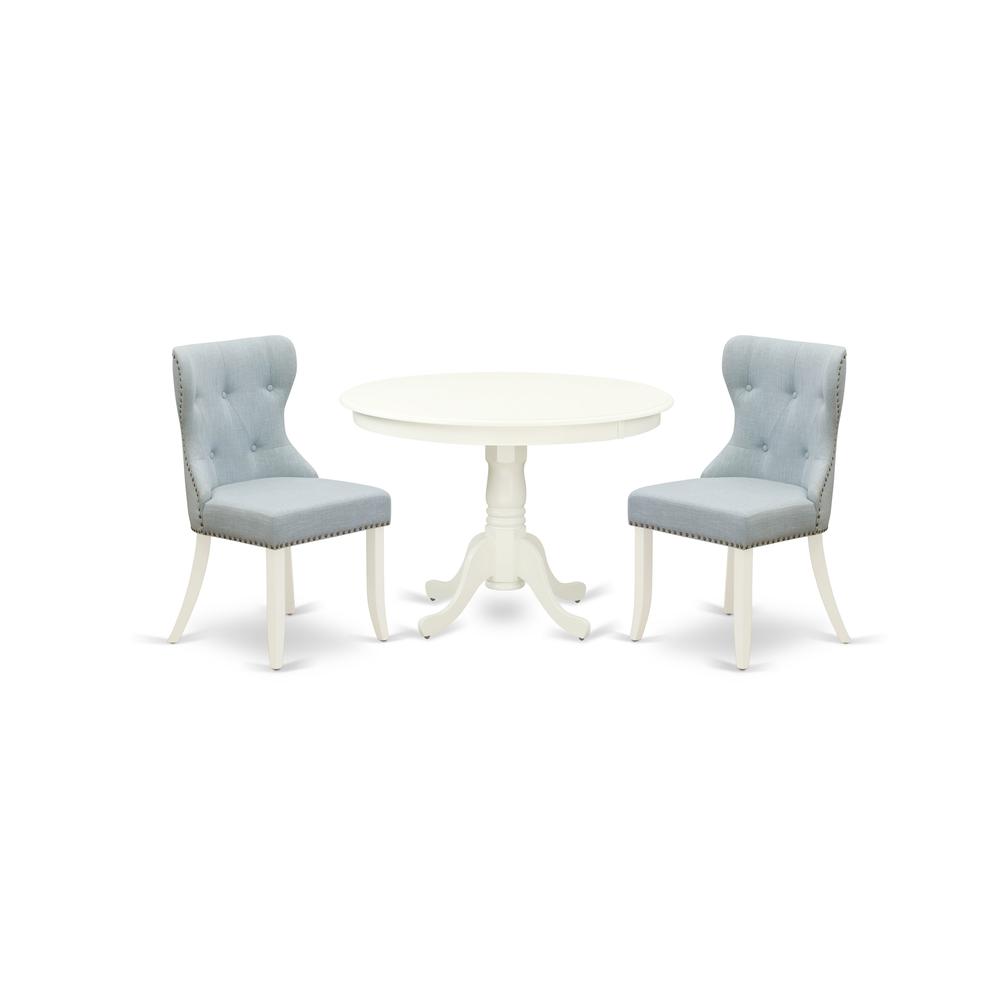 East-West Furniture HLSI3-LWH-15 - A modern dining table set of two fantastic parson dining chairs with Linen Fabric Baby Blue color and a beautiful 42-Inch Antique pedestal kitchen table with Linen W. Picture 1